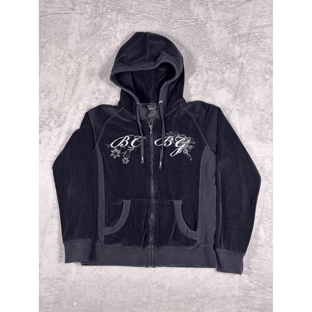 Bcbgmaxazria Bcbg Hoodie 2000s Womens L Black Full Zip Rhinestone Hooded
